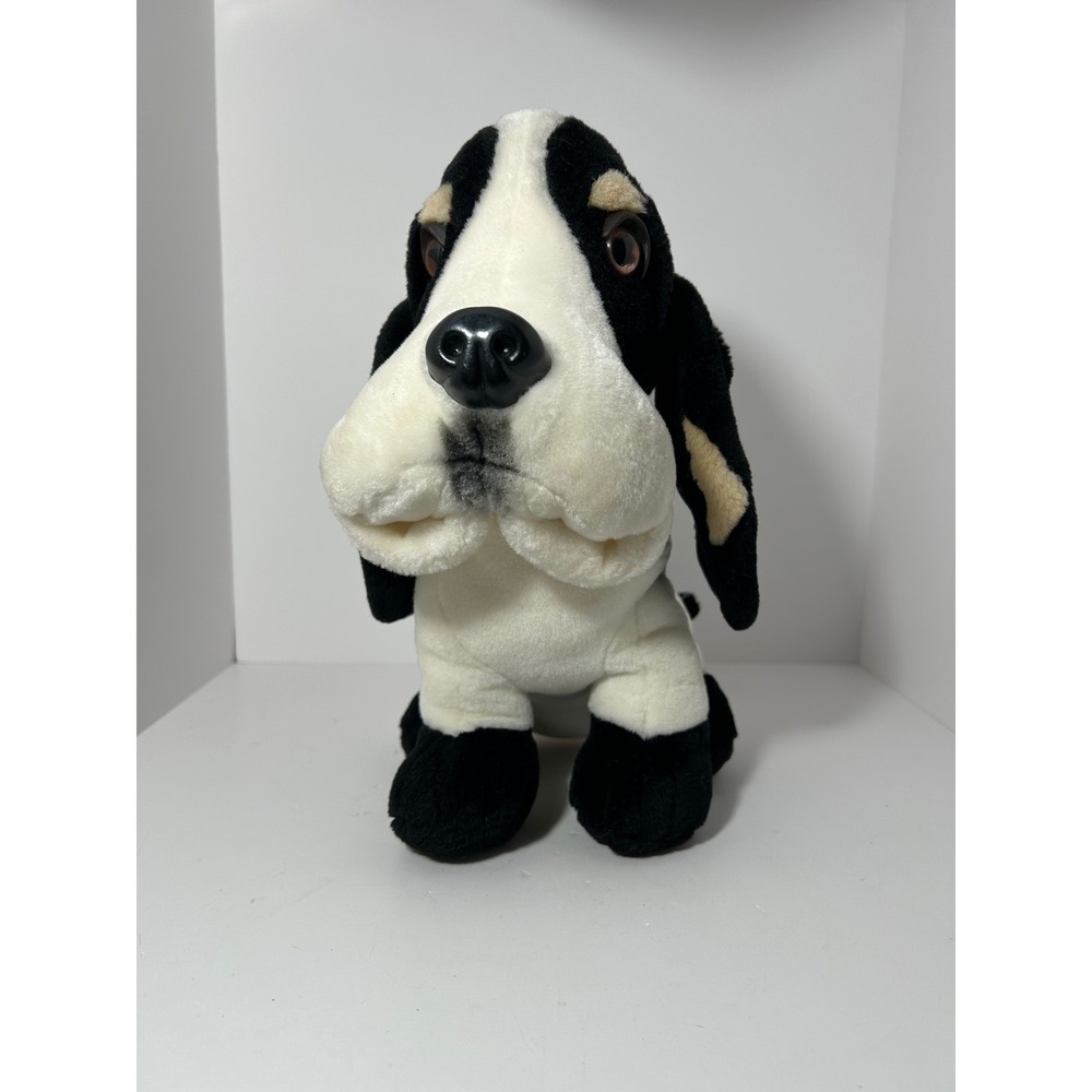 Vintage Basset Hound Plush Dog Stuffed Animal Black‎ White Tan Floppy Ears 10 in